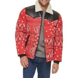 Levi's Men's Out West Mixed Media Red Bandanna Print Puffer Jacket NWT